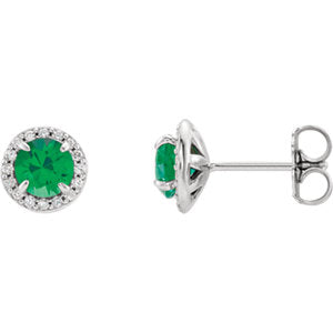 14K White 4 mm Round Chatham® Created Emerald & 1/6 CTW Diamond Earrings - Siddiqui Jewelers