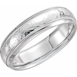 14K White 6 mm Half Round Band with Hammer Finish & Milgrain Size 9.5 - Siddiqui Jewelers