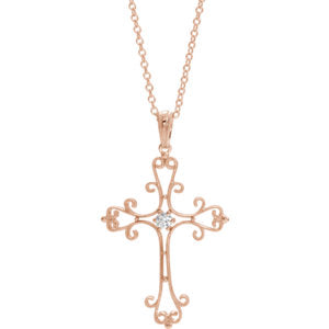 14K Rose  .06 CTW Diamond Vintage-Inspired Cross 18" Necklace - Siddiqui Jewelers