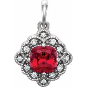 14K White Chatham® Lab-Created Ruby & 1/10 CTW Diamond Pendant - Siddiqui Jewelers