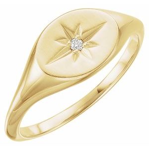 14K Yellow .02 CT Diamond 10x8 mm Oval Starburst Signet Ring - Siddiqui Jewelers