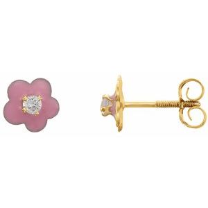 14K Yellow 2 mm Round Cubic Zirconia Youth Pink Enamel Flower Earrings - Siddiqui Jewelers