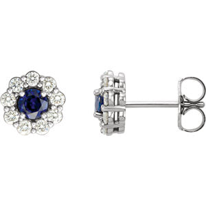 14K White Chatham® Created Blue Sapphire & 3/8 CTW Diamond Halo-Style Earrings - Siddiqui Jewelers