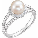 14K White Freshwater Cultured Pearl & .08 CTW Diamond Halo-Style Beaded Ring - Siddiqui Jewelers