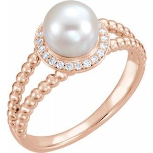 14K Rose Freshwater Cultured Pearl & .08 CTW Diamond Halo-Style Beaded Ring - Siddiqui Jewelers