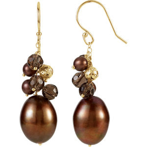 14K Yellow Freshwater Cultured Dyed Chocolate Pearl & Smoky Quartz Earrings - Siddiqui Jewelers