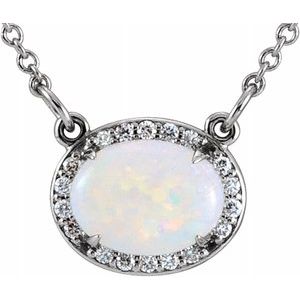 14K White Opal & .07 CTW Diamond Halo-Style 16 1/2" Necklace - Siddiqui Jewelers