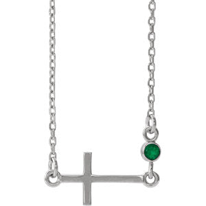 14K White Chatham® Created Emerald Sideways Accented Cross 16-18" Necklace - Siddiqui Jewelers