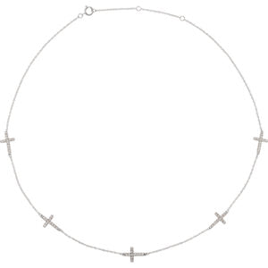 14K White 1/8 CTW Diamond 5-Station Cross Adjustable 16-18” Necklace - Siddiqui Jewelers