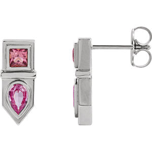 14K White Pink Multi-Gemstone Geometric Bar Drop Earrings - Siddiqui Jewelers