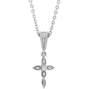 Sterling Silver .03 CTW Diamond Petite Vintage-Inspired 16-18" Cross Necklace - Siddiqui Jewelers