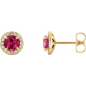 14K Yellow 3.5 mm Round Chatham® Created Ruby & 1/8 CTW Diamond Earrings - Siddiqui Jewelers