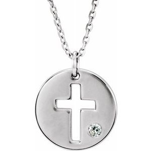 14K White .03 CTW Diamond Pierced Cross Disc 16-18" Necklace - Siddiqui Jewelers