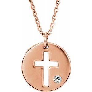14K Rose .03 CTW Diamond Pierced Cross Disc 16-18" Necklace - Siddiqui Jewelers
