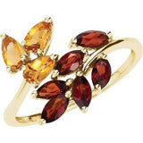 14K Yellow Citrine & Mozambique Garnet Bypass Ring Size 8 - Siddiqui Jewelers