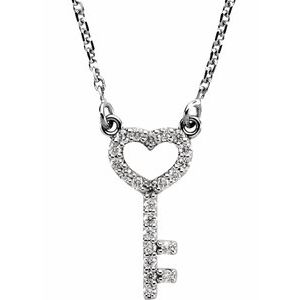 14K White 1/8 CTW Diamond Petite Heart Key 16.5" Necklace - Siddiqui Jewelers