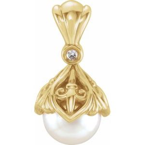 14K Yellow 7-7.5 mm Freshwater Cultured Pearl & .02 CTW Diamond Fleur-de-lis Pendant - Siddiqui Jewelers