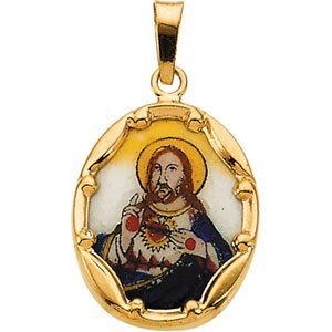 14K Yellow 17x13.5 mm Sacred Heart of Jesus Hand-Painted Porcelain Pendant - Siddiqui Jewelers