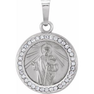 14K White St. Jude Medal with Created White Sapphires - Siddiqui Jewelers