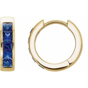 14K Yellow Chatham® Created Blue Sapphire Hoop Earrings - Siddiqui Jewelers