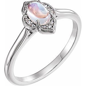 14K White Rainbow Moonstone & .03 CTW Diamond Clover Cabochon Ring - Siddiqui Jewelers