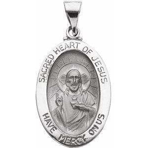 14K White 23.25x16 mm Oval Hollow Sacred Heart of Jesus Medal - Siddiqui Jewelers