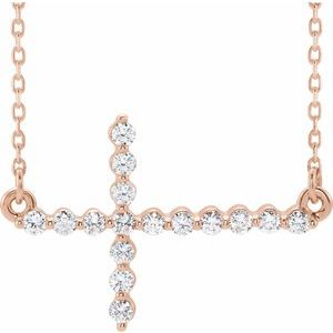 14K Rose 1/3 CTW Diamond Sideways Cross 16-18" Necklace - Siddiqui Jewelers