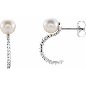14K White Freshwater Cultured Pearl & 1/6 CTW Diamond Hoop Earrings - Siddiqui Jewelers