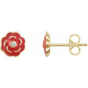 10K Yellow .01 CTW Diamond Enamel Flower Earrings - Siddiqui Jewelers