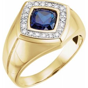 14K Yellow Men's Created Blue Sapphire & .025 CTW Diamond Ring - Siddiqui Jewelers