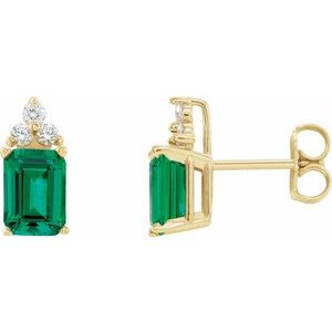 14K Yellow Chatham® Created Emerald & 1/8 CTW Diamond Earrings - Siddiqui Jewelers