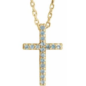 14K Yellow Natural Swiss Blue Topaz Petite Cross 16" Necklace-Siddiqui Jewelers