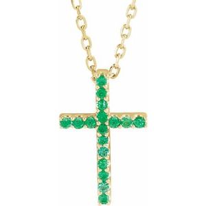 14K Yellow Natural Emerald Petite Cross 16" Necklace-Siddiqui Jewelers