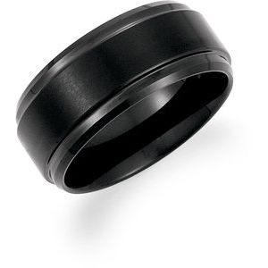 Black PVD Tungsten 10 mm Ridged Band with Satin Center Size 11 - Siddiqui Jewelers