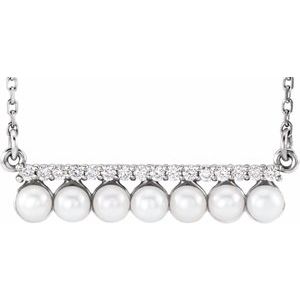 14K White Freshwater Cultured Pearl & 1/8 CTW Diamond Bar 16-18" Necklace - Siddiqui Jewelers