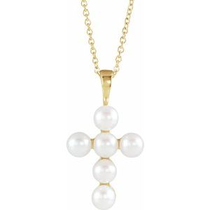 14K Yellow Freshwater Cultured Pearl Cross 16-18" Necklace - Siddiqui Jewelers