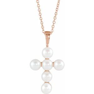 14K Rose Freshwater Cultured Pearl Cross 16-18" Necklace  -Siddiqui Jewelers