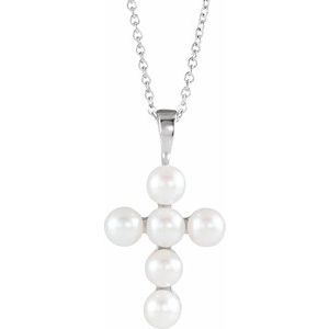 14K White Freshwater Cultured Pearl Cross 16-18" Necklace  -Siddiqui Jewelers