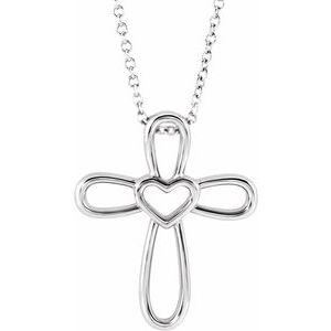 14K White Cross with Heart 16-18" Necklace - Siddiqui Jewelers