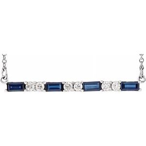 14K White Chatham® Created Blue Sapphire & 1/5 CTW Diamond Bar 16-18" Necklace - Siddiqui Jewelers