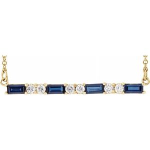 14K Yellow Chatham® Created Blue Sapphire & 1/5 CTW Diamond Bar 16-18" Necklace - Siddiqui Jewelers