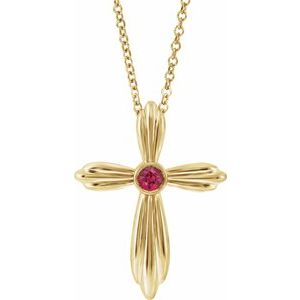 14K Yellow Chatham® Lab-Created Ruby Cross 16-18" Necklace - Siddiqui Jewelers