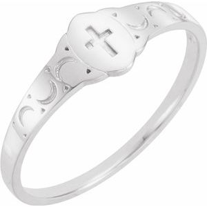 14K White 5x3 mm Oval Youth Cross Signet Ring - Siddiqui Jewelers
