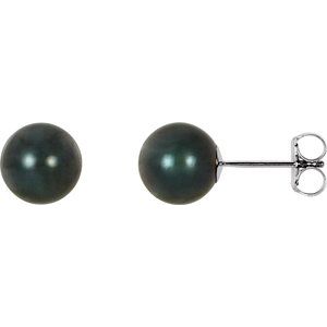 14K White 7 mm Black Akoya Cultured Pearl Earrings-Siddiqui Jewelers