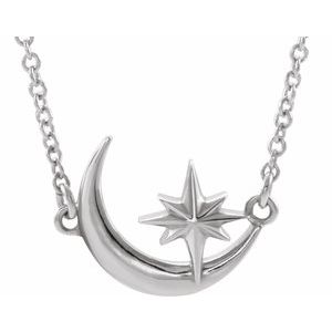 Platinum Crescent Moon & Star 16-18" Necklace - Siddiqui Jewelers