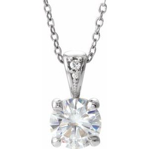 14K White 6.5 mm Round Forever One™ Moissanite & .01 CTW Diamond 16-18" Necklace - Siddiqui Jewelers