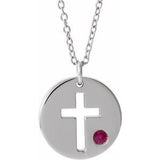 Sterling Silver Imitation Ruby Pierced Cross Disc 16-18" Necklace - Siddiqui Jewelers