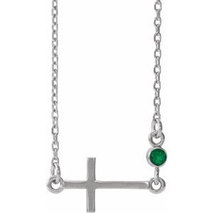Sterling Silver Chatham® Created Emerald Sideways Accented Cross 16-18" Necklace - Siddiqui Jewelers