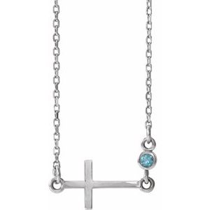 14K White Aquamarine Sideways Accented Cross 16-18" Necklace - Siddiqui Jewelers