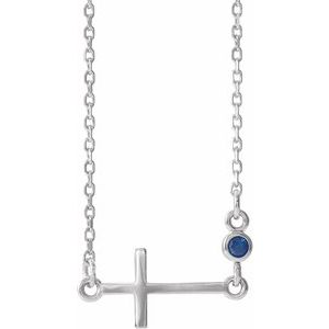 14K White Blue Sapphire Sideways Accented Cross 16-18" Necklace - Siddiqui Jewelers